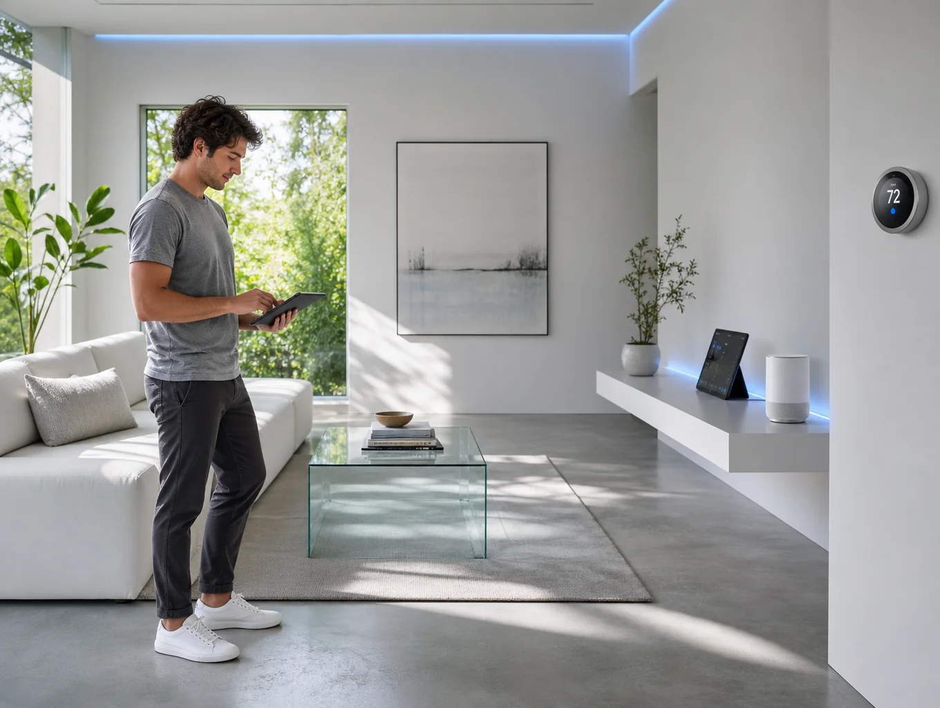 Contemporary living room highlighting ambient smart lighting and connected devices